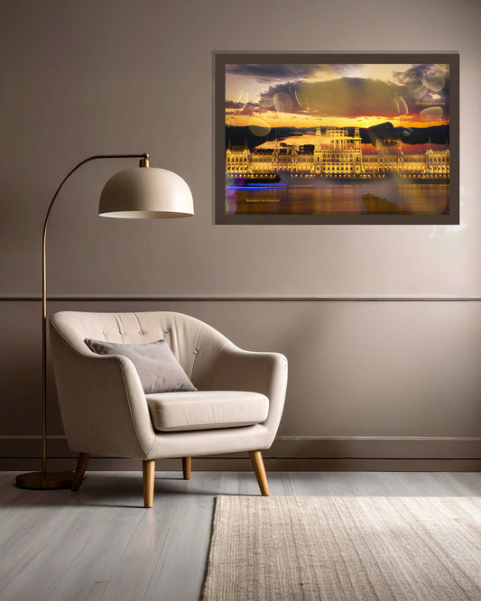 Retroposter inramad och hänger på en vägg i ett rum med en fåtölj och en golvlampa i skandinaviska färger.