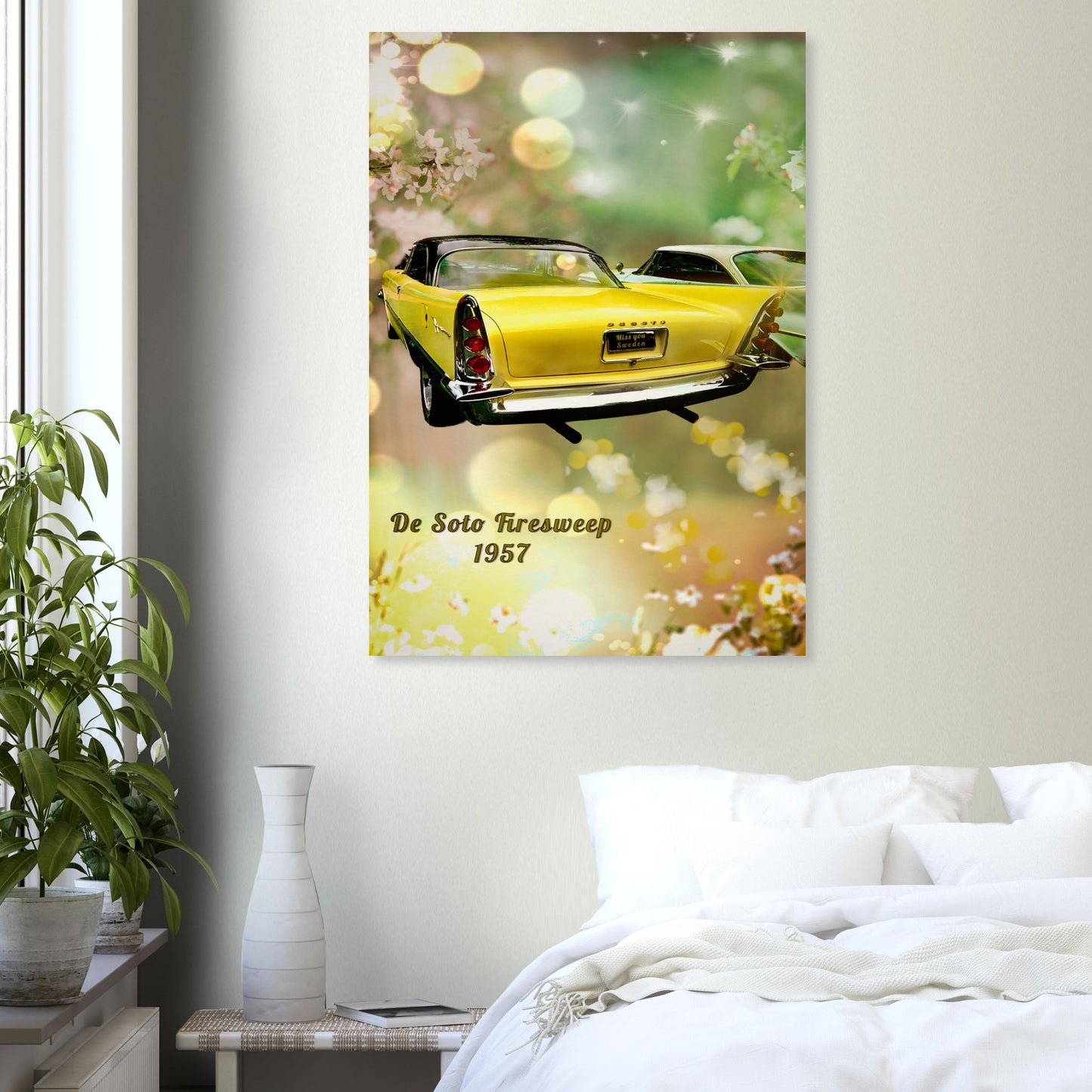 Konstnärlig retroposter på en De Soto Firesweep -57 bakifrån, inramad av ljusreflexer och blommande grenar i vintage-stil. Planschen hänger på en vit vägg.
