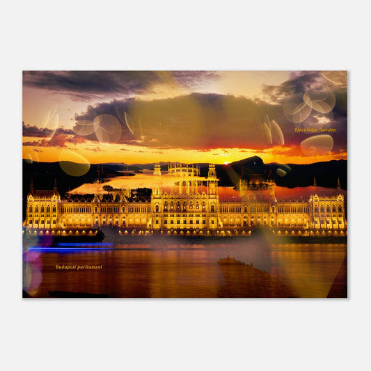 Fotokonst som kombinerar parlamentsbyggnaden i Budapest med vyn över Lapplandsporten i Björkliden under en gyllene solnedgång
