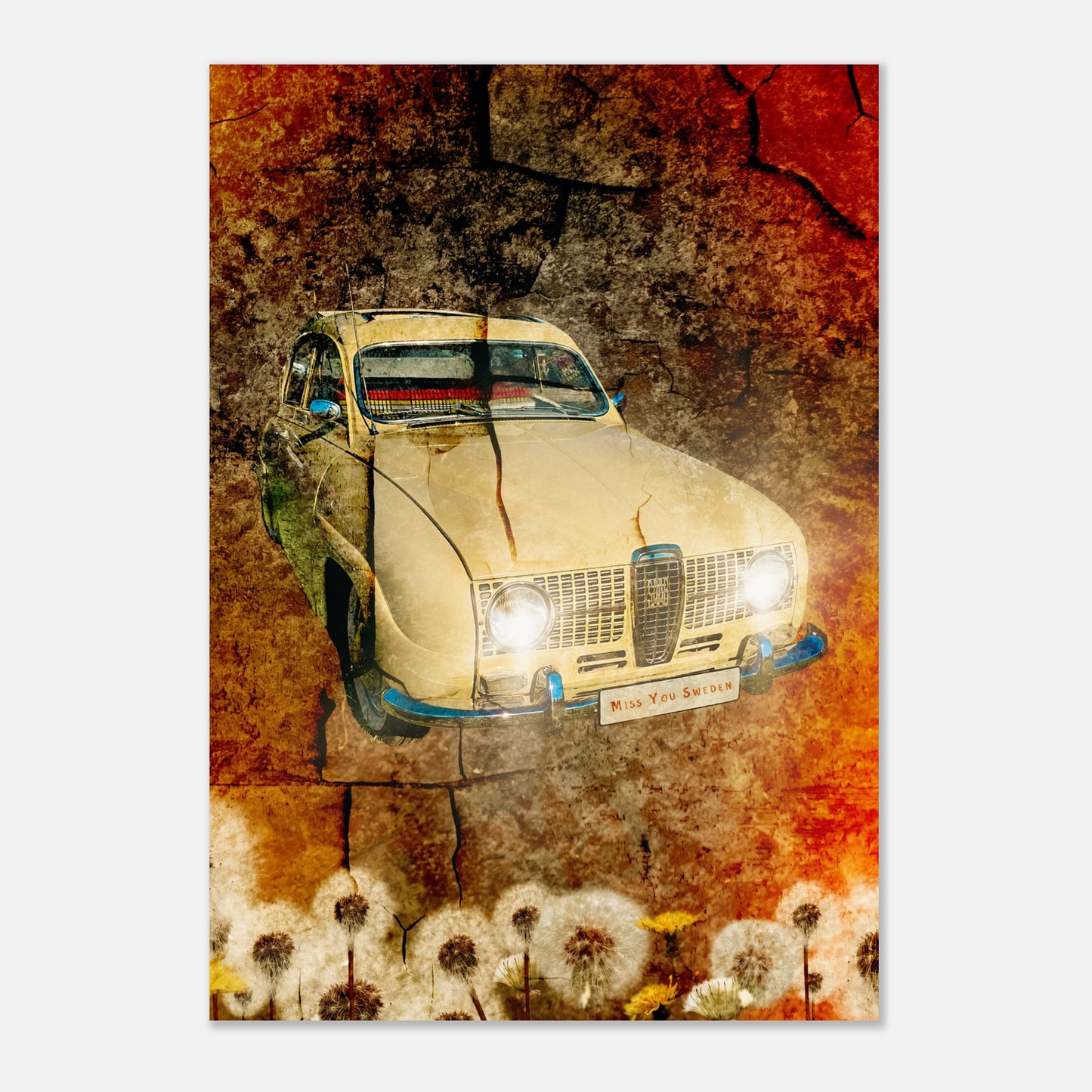 Retroplansch på en SAAB V4 från 1976 framför en röd färgnyans