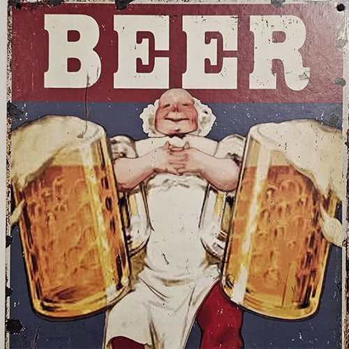 En gammal plåtskylt med motivet av två stora ölsejdlar