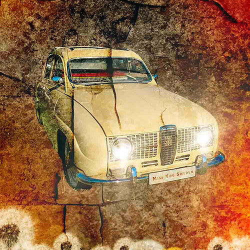 SAAB från 70-talet omgiven av blommor