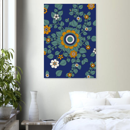 Inredningstips-illustration av retroblommor som sitter på en vägg i ett sovrum