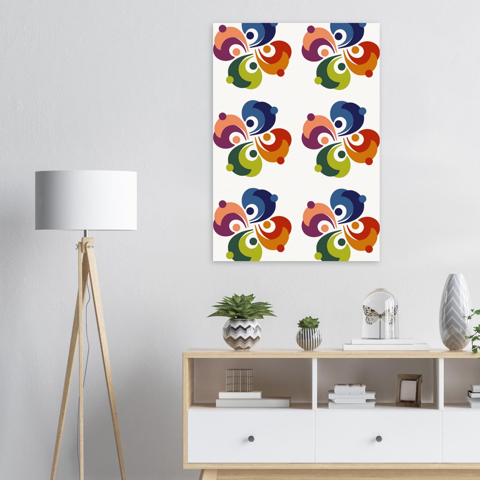 Inredingstips av en illustration med 70-talsmönster som sitter på en vit vägg