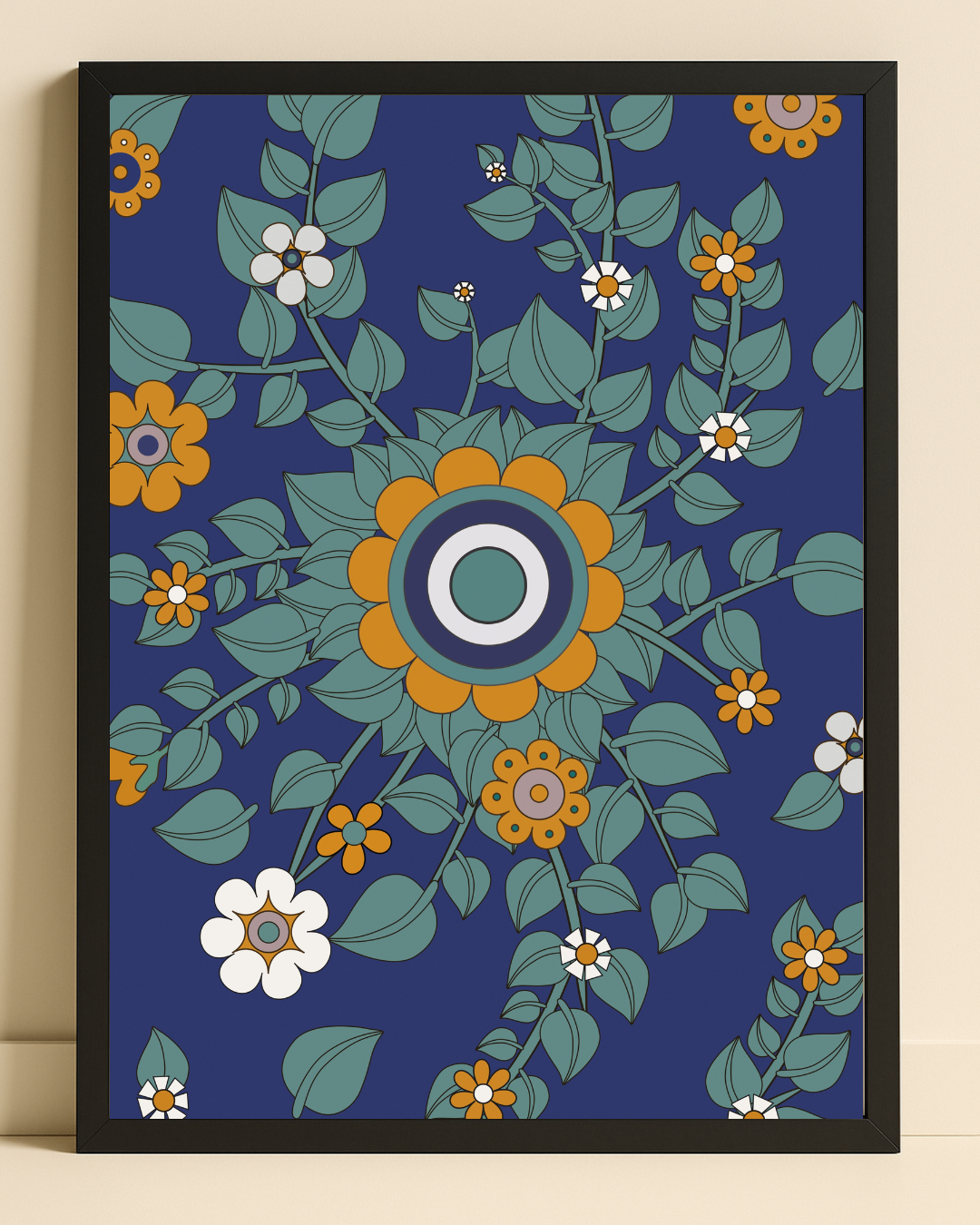 Illustration av blommor i 70-talsfärger inramad