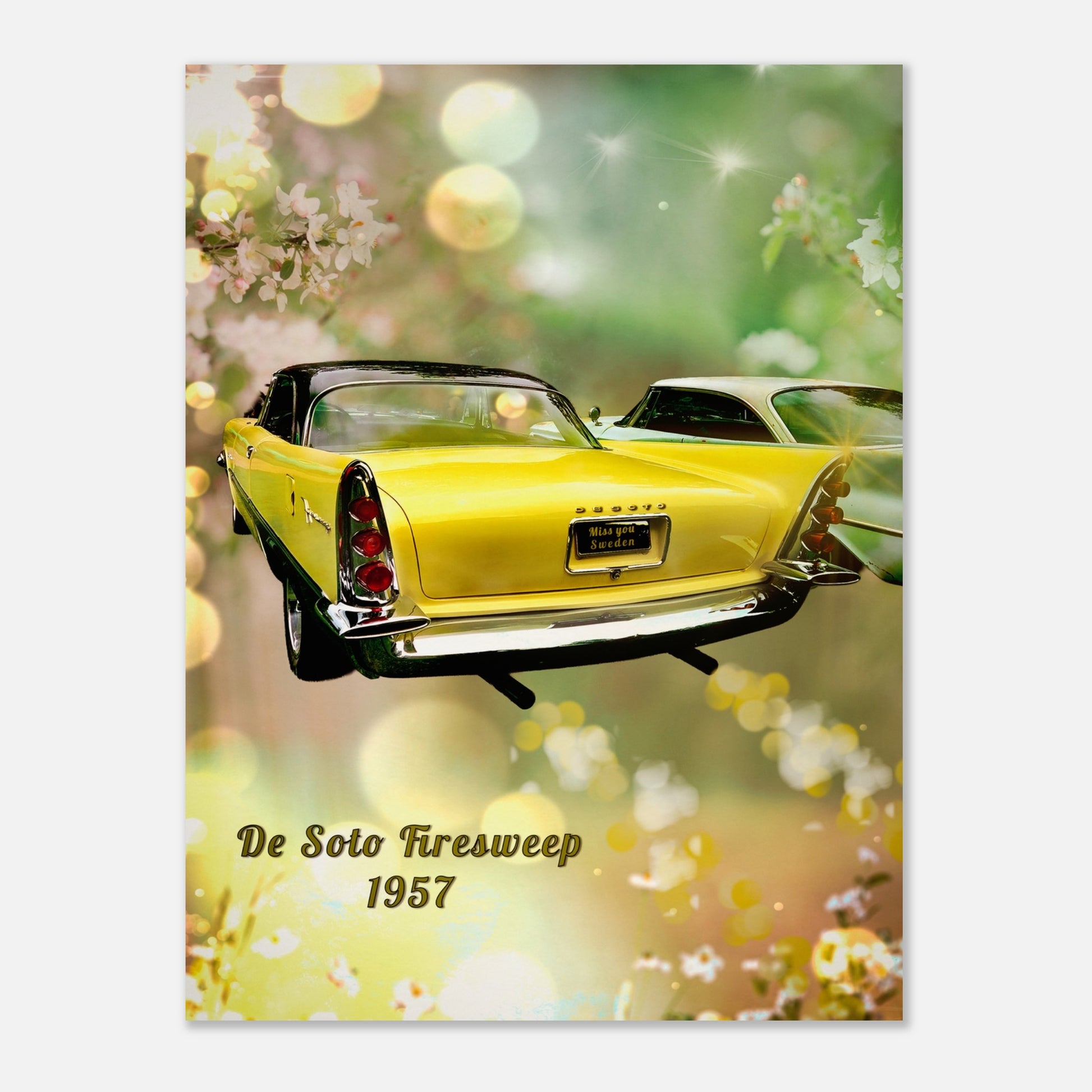 Konstnärlig retroposter på en gul De Soto Firesweep -57 bakifrån, inramad av ljusreflexer och blommande grenar i vintage-stil.