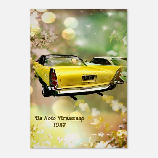 Konstnärlig retroposter på en gul De Soto Firesweep 1957 bakifrån, inramad av ljusreflexer och blommande grenar i vintage-stil