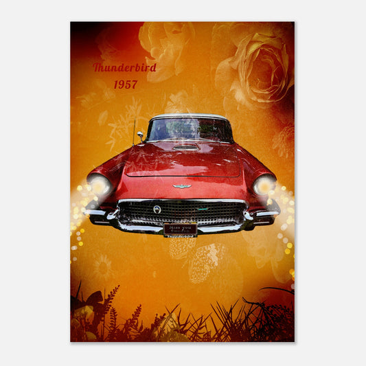 Konstnärlig retroposter på en röd Ford Thunderbird 1957 med text, inramad av vintage-rosor och varmt gyllene solljus.