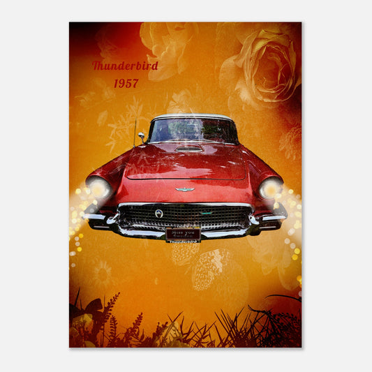Konstnärlig retroposter på en röd-korallfärgad Thunderbird 1957 med text, inramad av vintage-rosor och varmt gyllene solljus.