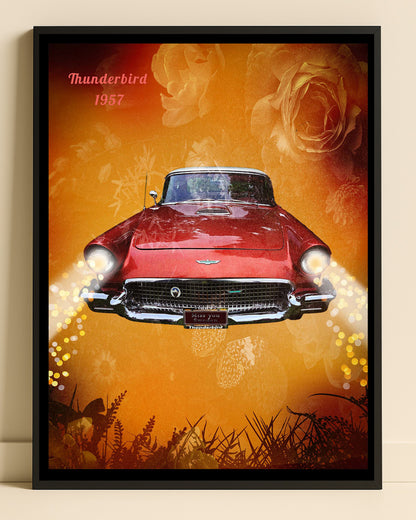 Konstnärlig retroposter på en röd Ford Thunderbird 1957 med text, inramad av vintage-rosor och varmt gyllene solljus.
