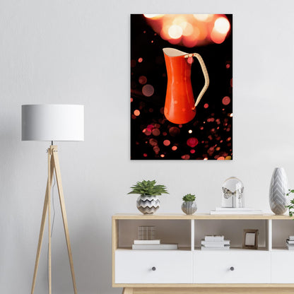 Retro poster med en orange kaffekanna designad av Jens H. Quistgaard för Kobenstyle, fotograferad i varmt vintage-ljus med bokeh-bakgrund hängandes på en vit vägg.