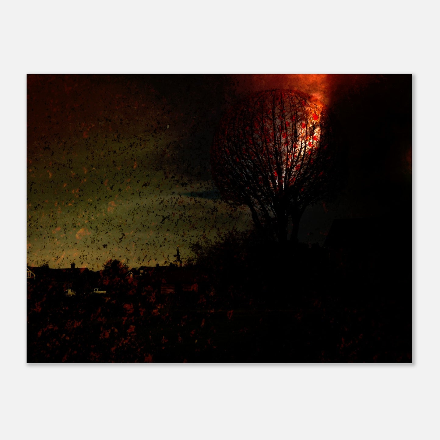 Retroposter på ett träd i ballongformat med rött moln