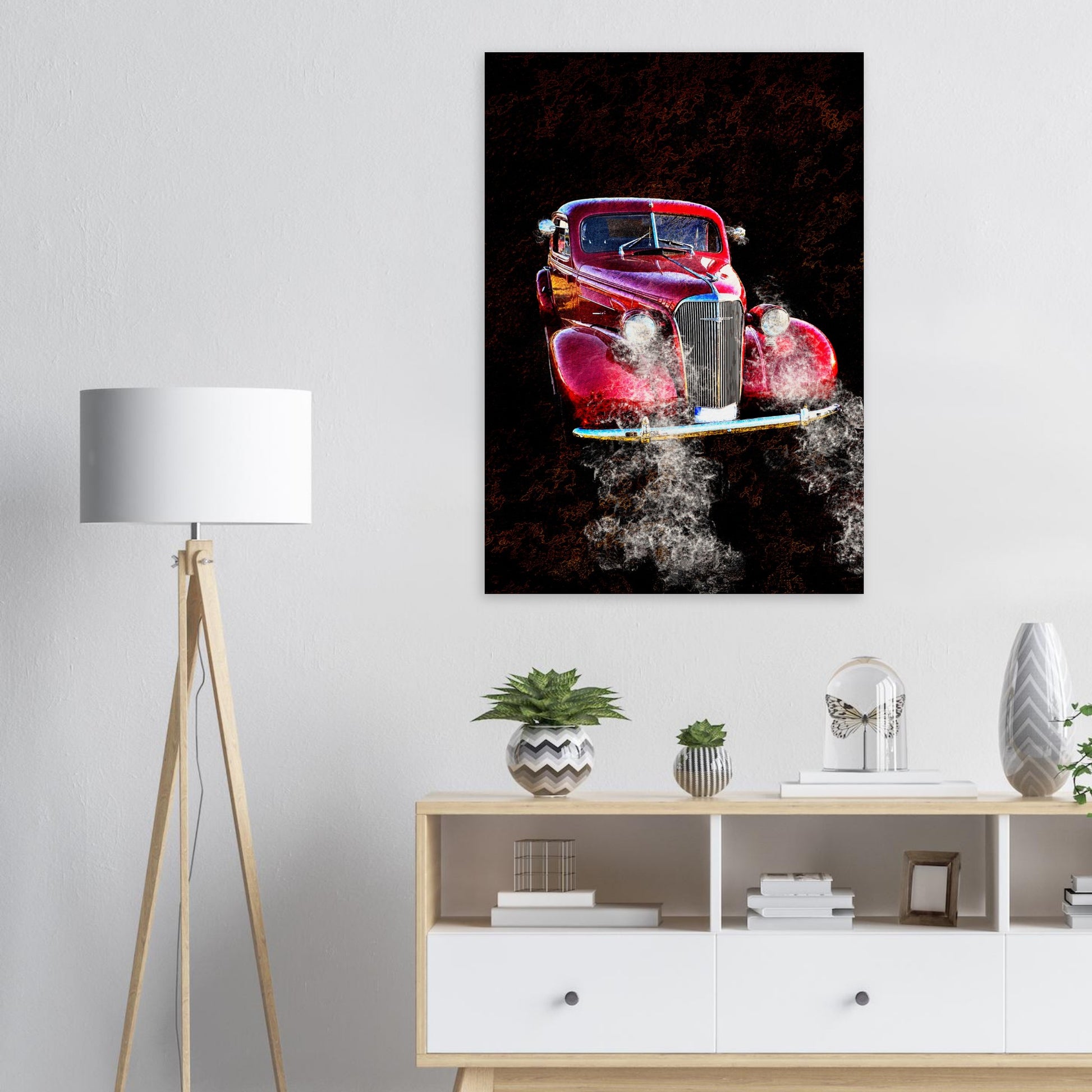 Inredningstips av en retoposter på en Chevrolet som hänger på en vit vägg.