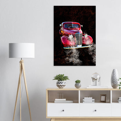 Inredningstips av en retoposter på en Chevrolet som hänger på en vit vägg.