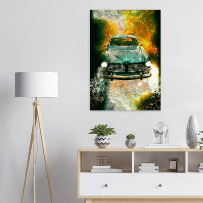 Inredningstips - retroaffisch på en volvo amazon som hänger på en vit vägg