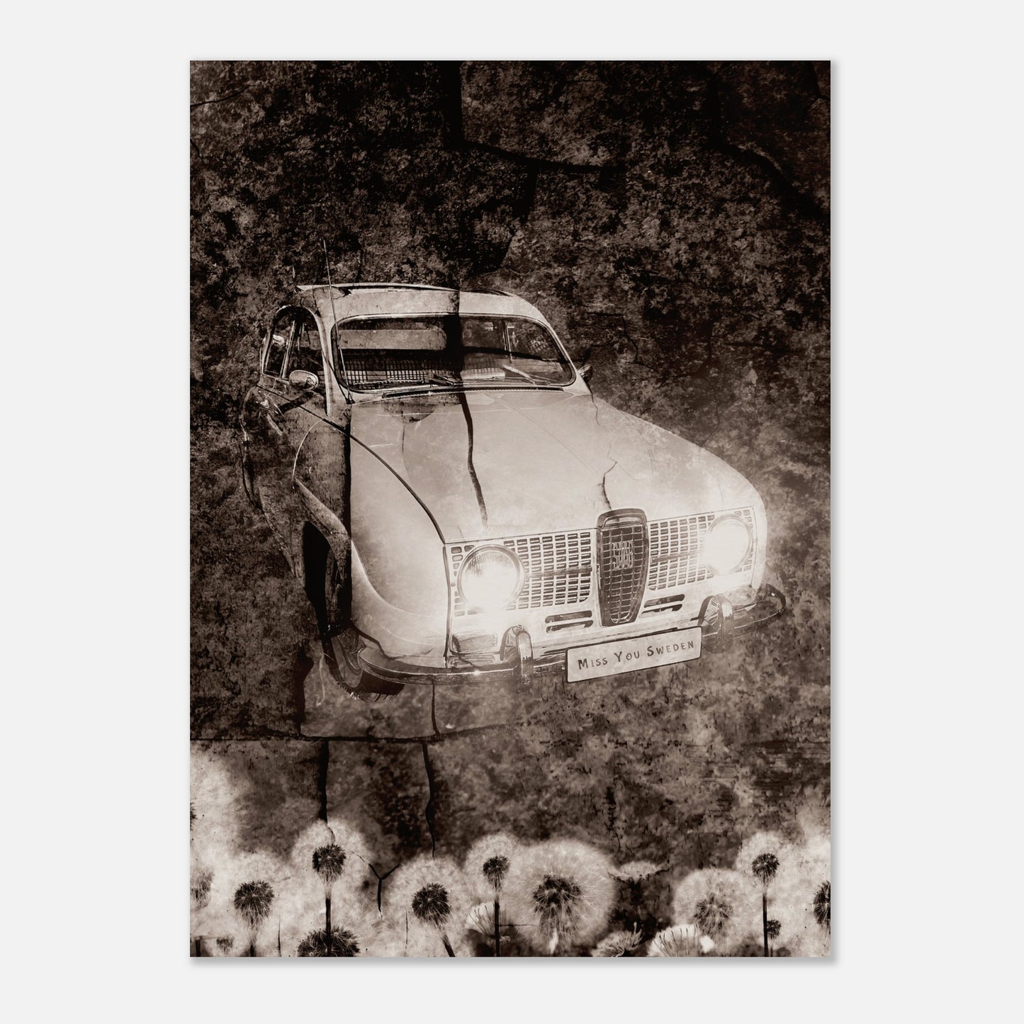 Retroplansch en SAAB V4 1976 omgiven av blommor