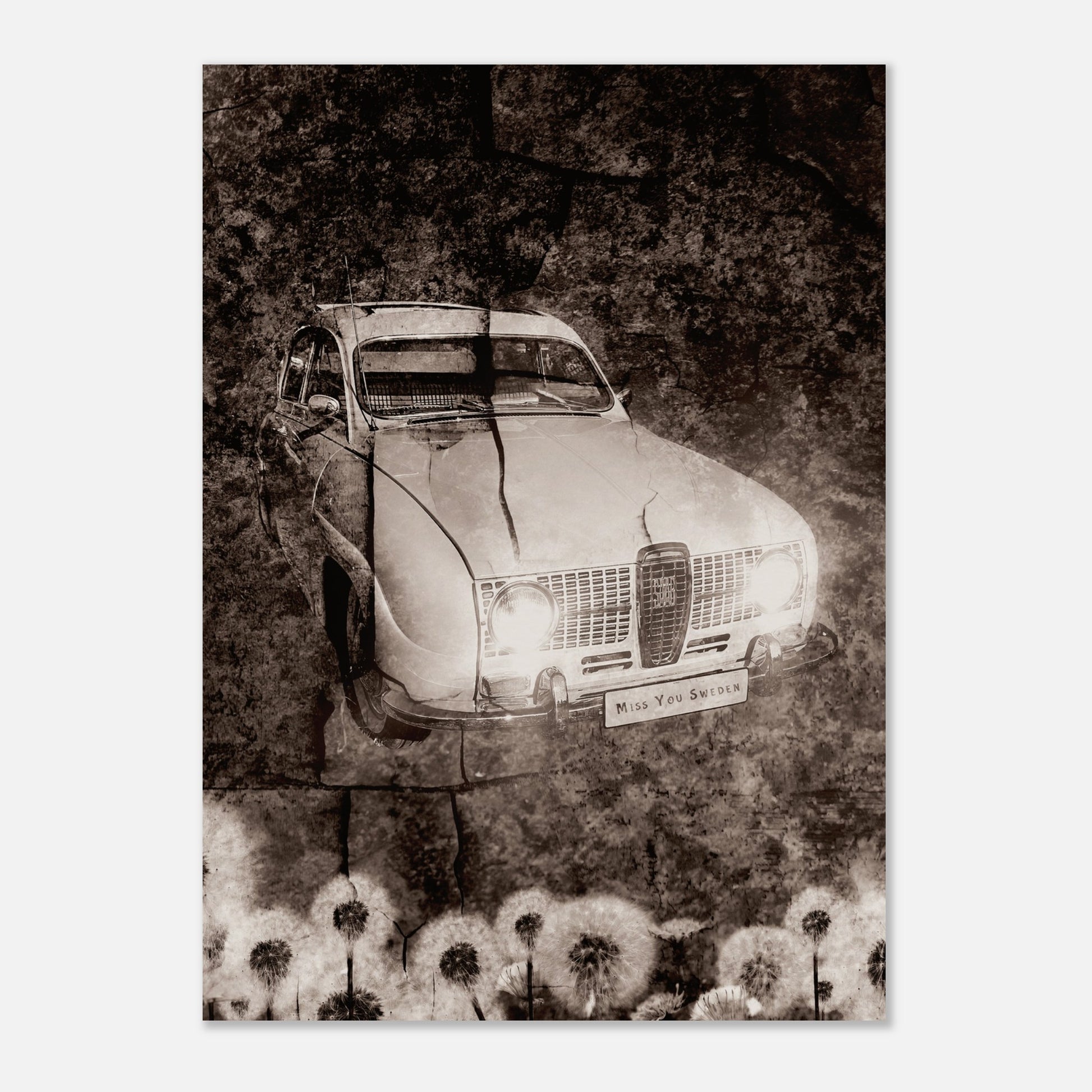 Retroplansch en SAAB V4 1976 omgiven av blommor