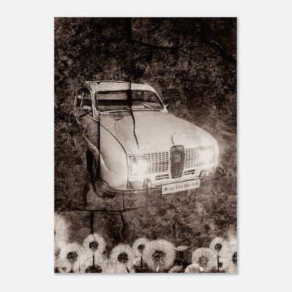 Retroplansch en SAAB V4 1976 omgiven av blommor