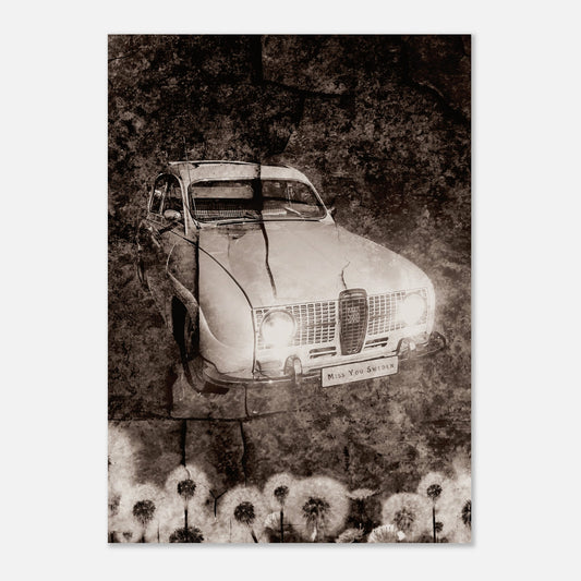 Retroplansch en SAAB V4 1976 omgiven av blommor