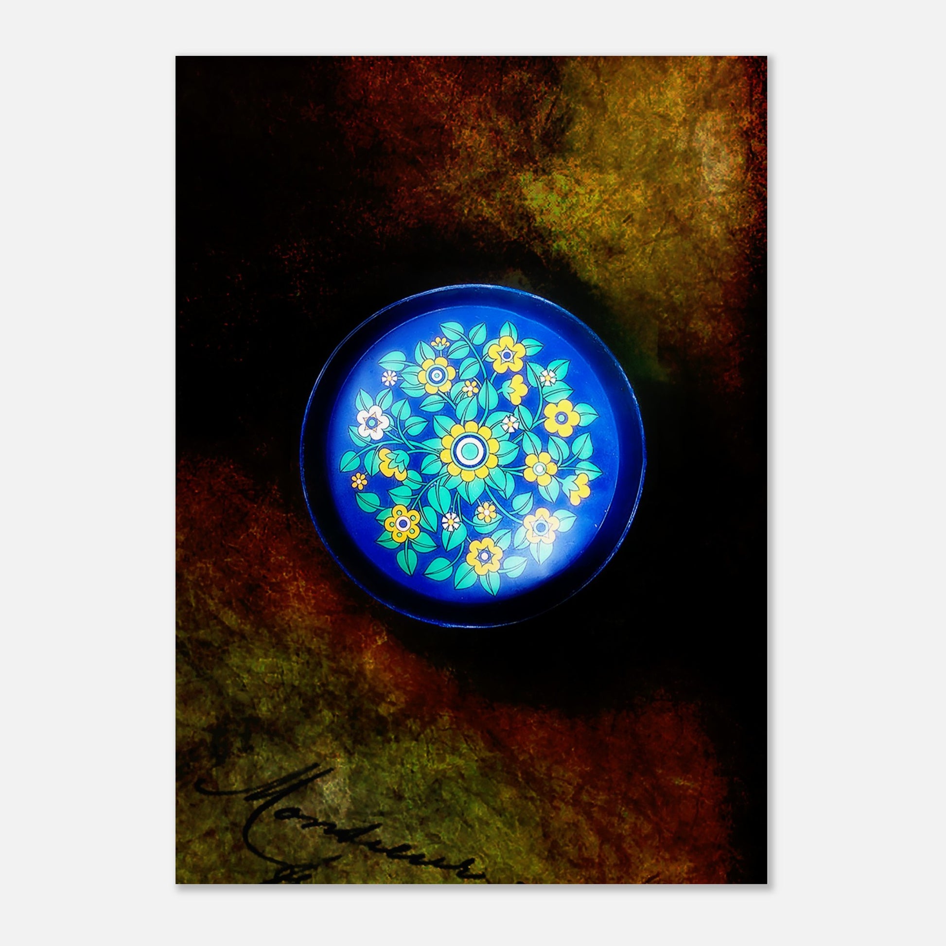 Retroaffisch med 70-talsbricka och blommönster