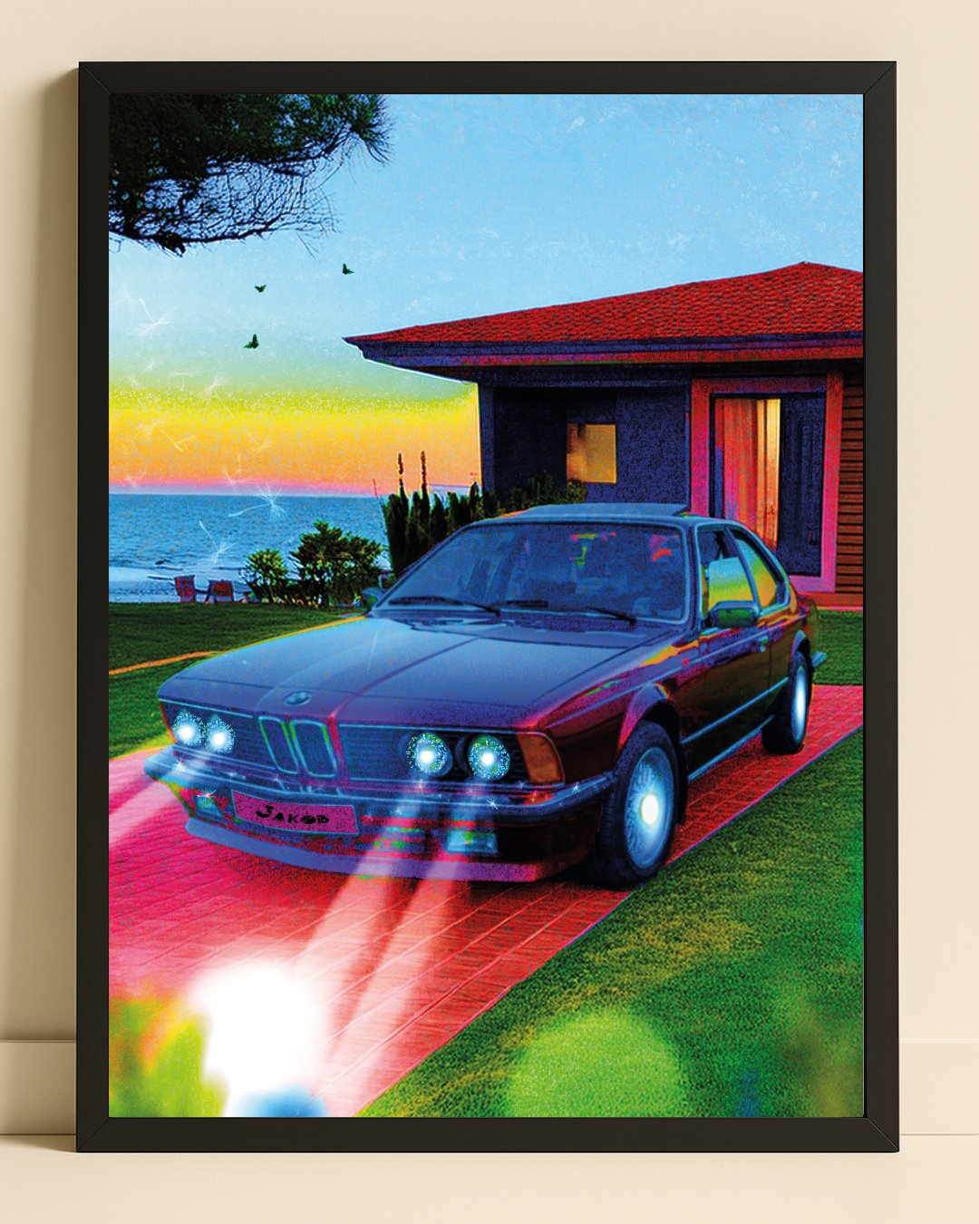 Inramad retroposter på en BMW från 80-talet