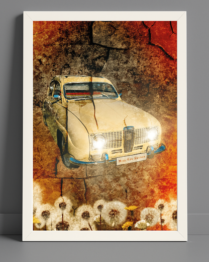 Retroplansch på en SAAB V4 från 1976 inramad