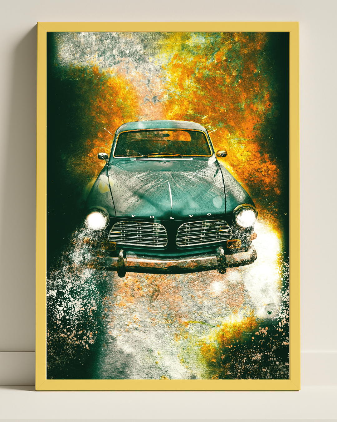 Retroposter av en volvo amazon i skiftande bakgrundsfärger