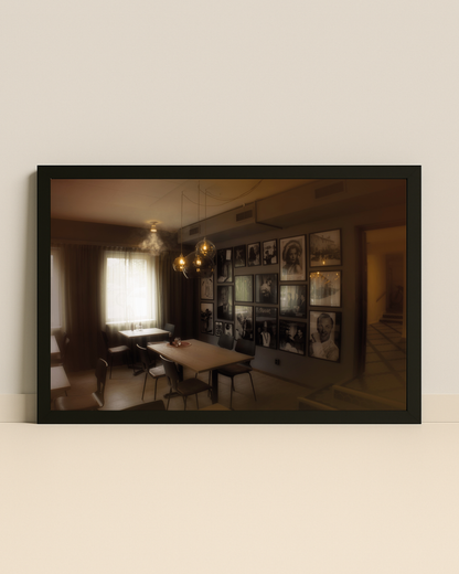 Fotokonst poster med retroinredning från café i Jokkmokk, svartvita porträtt på väggarna och tidlös stämning.