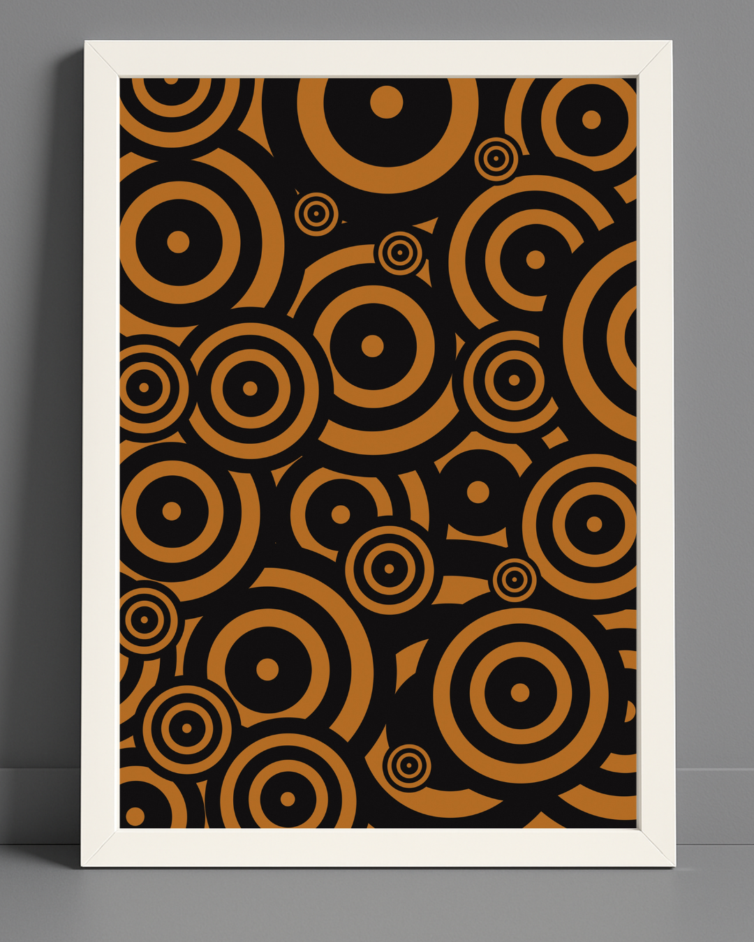 Illustration av cirlar i oranga och svarta färgtoner med ram