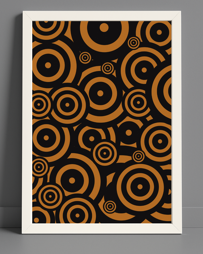 Illustration av cirlar i oranga och svarta färgtoner med ram