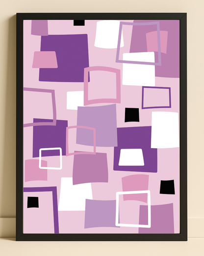 Illustration av fyrkanter i olika former i rosa nyanser med ram