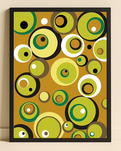 Retroposter med illustrerade popcirklar från 70-talet 