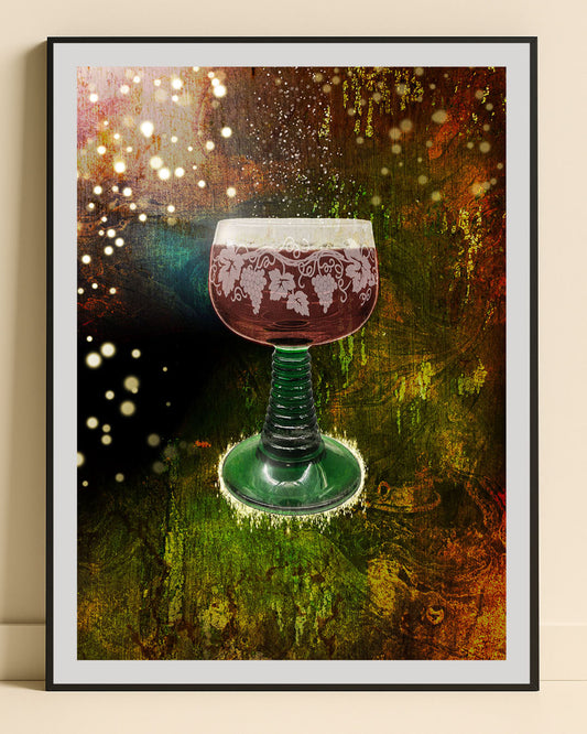 Retroposter med 70-talsvinglas i slipad dekor – nostalgisk stilleben i vintage-stil