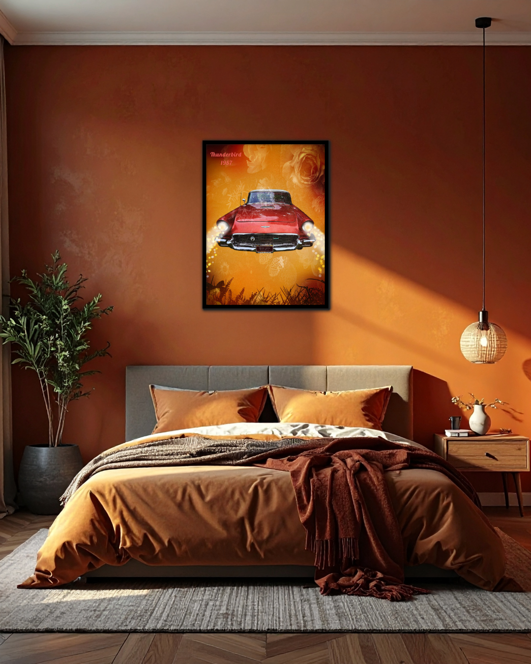 Konstnärlig retroposter på en röd Ford Thunderbird 1957 med text, inramad av vintage-rosor och varmt gyllene solljus hängandes på en vit vägg.